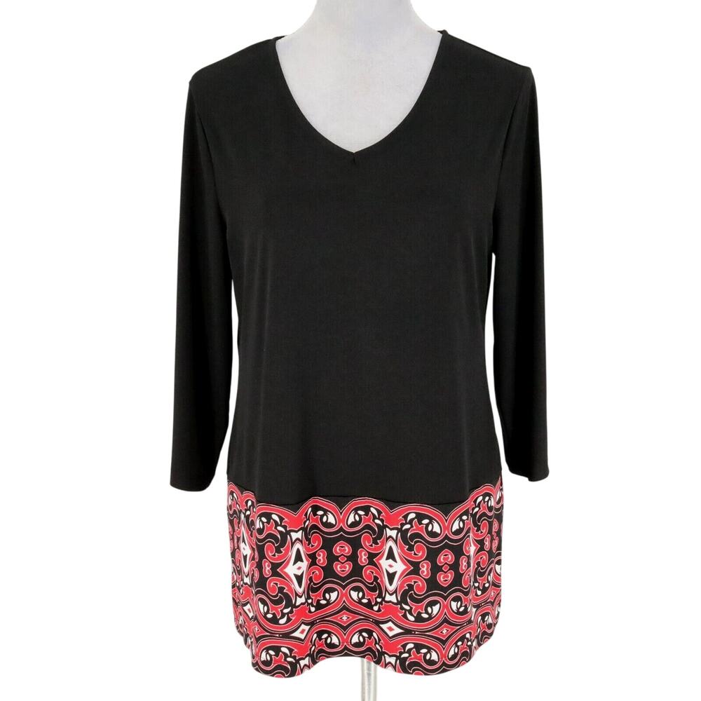 Chicos Easywear Top 1 Womens Medium Black Red Stretch Knit Tunic Blouse Pullover